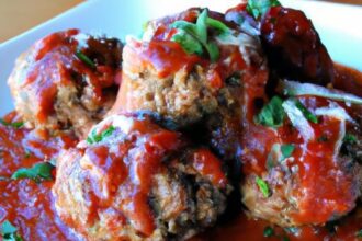 Melty Cheese-Stuffed Beef Meatballs Simmered in Marinara