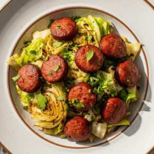 Savoring Fried Cabbage with Smoky Turkey Sausage Delight