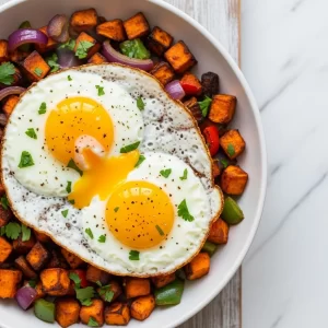 Sunrise Delight: Sweet Potato Hash with Perfect Fried Eggs