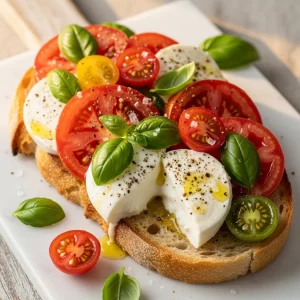 Sun-Kissed Open-Faced Caprese on Rustic Focaccia Bliss