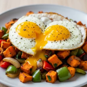 Sunrise Delight: Sweet Potato Hash with Perfect Fried Eggs
