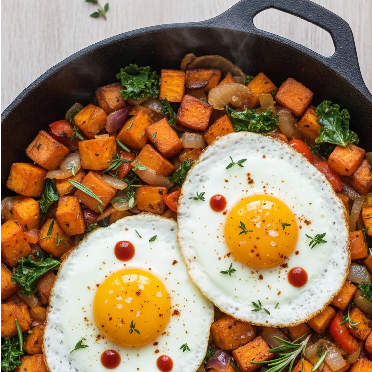 Sunrise Delight: Sweet Potato Hash with Perfect Fried Eggs