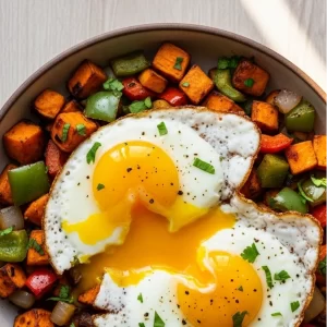 Sunrise Delight: Sweet Potato Hash with Perfect Fried Eggs