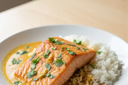 Tropical Delight: Coconut Curry Salmon Served with Rice