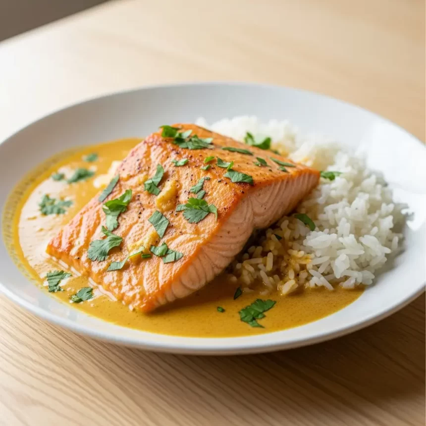 Tropical Delight: Coconut Curry Salmon Served with Rice
