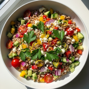 Zesty Farro Salad with Roasted Veggies and Lemon Twist
