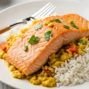 Tropical Delight: Coconut Curry Salmon Served with Rice