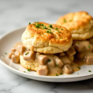 Fluffy Homemade Biscuits with Savory Turkey Sausage Gravy