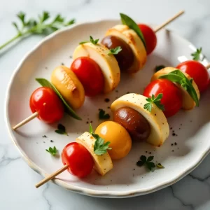 Colorful Antipasto Skewers: Cheese, Olives & Tomato Bites