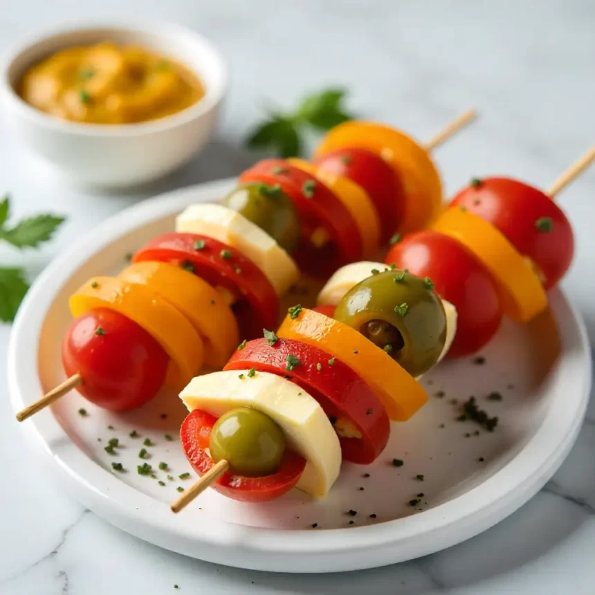Colorful Antipasto Skewers: Cheese, Olives & Tomato Bites