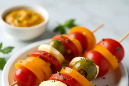 Colorful Antipasto Skewers: Cheese, Olives & Tomato Bites