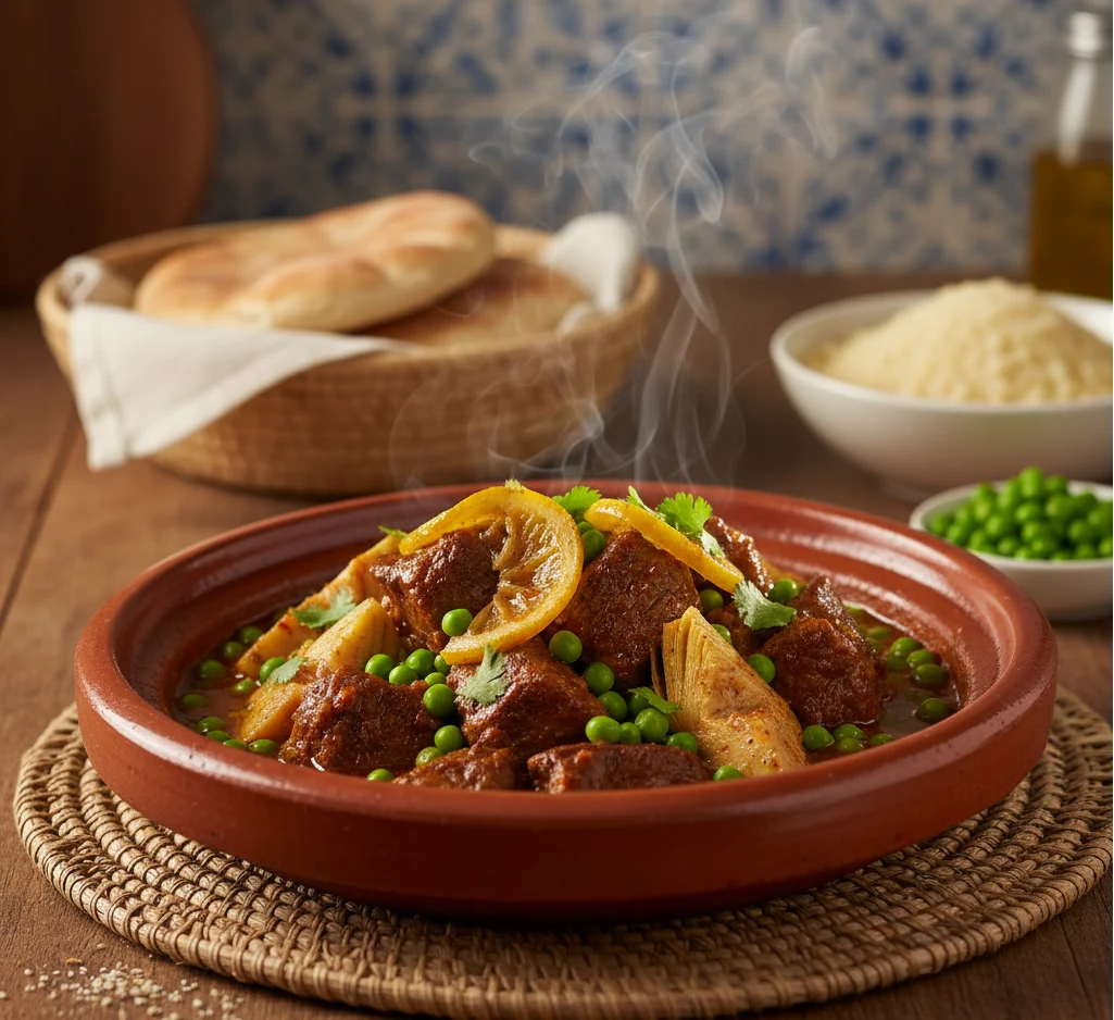Savor Moroccan Beef Tagine with Peas & Artichoke Delight