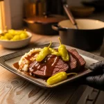 Realistic square food photography (1:1) of Mississippi Pot Roast served on a rustic plate with mashed potatoes, rich sauce spooned over the beef, pepperoncini garnish, same kitchen and cookware, warm cozy lighting, black-gloved hands holding the plate slightly above the counter, no brands, shallow depth of field