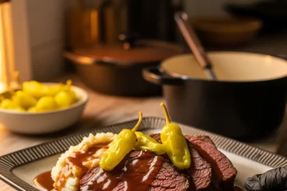 Realistic square food photography (1:1) of Mississippi Pot Roast served on a rustic plate with mashed potatoes, rich sauce spooned over the beef, pepperoncini garnish, same kitchen and cookware, warm cozy lighting, black-gloved hands holding the plate slightly above the counter, no brands, shallow depth of field