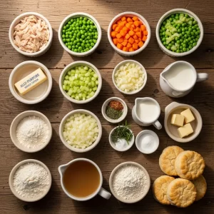 Hearty Creamy Chicken Pot Pie Topped with Fluffy Biscuits