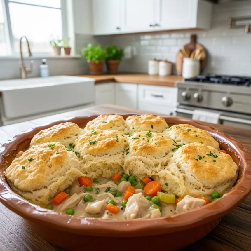 Hearty Creamy Chicken Pot Pie Topped with Fluffy Biscuits