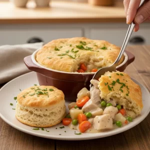 Hearty Creamy Chicken Pot Pie Topped with Fluffy Biscuits