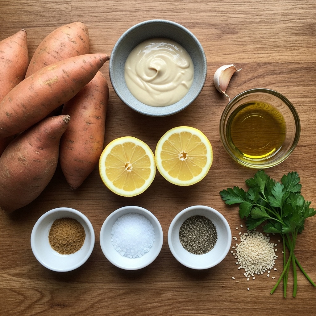 Mediterranean Baked Sweet Potatoes Drizzled with Tahini Bliss