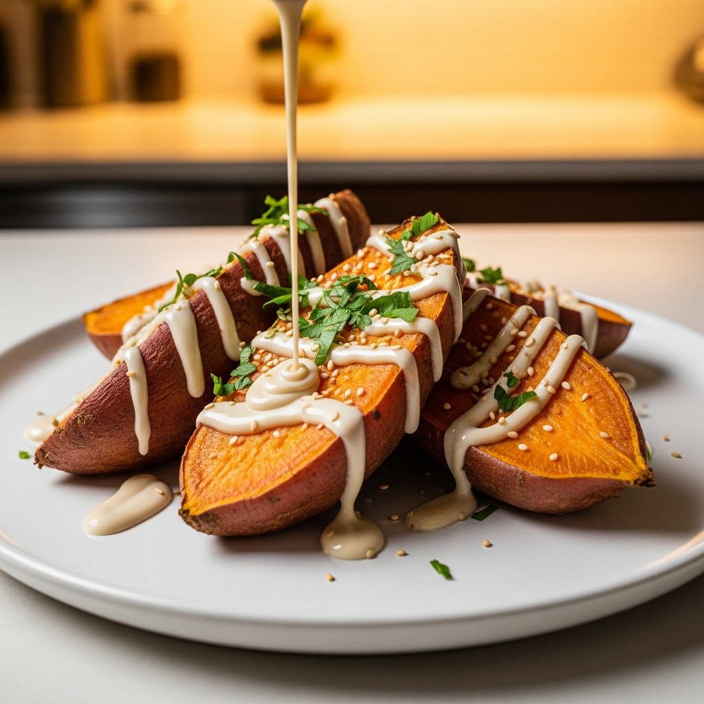 Mediterranean Baked Sweet Potatoes Drizzled with Tahini Bliss