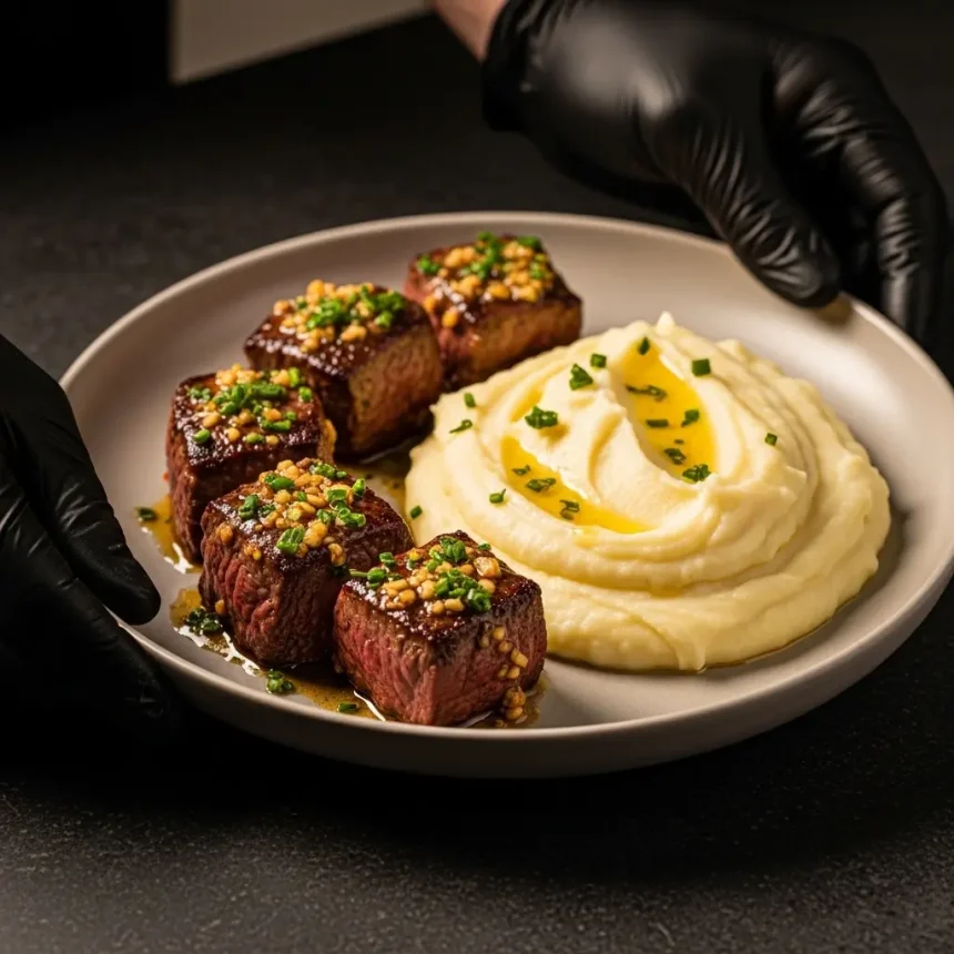 Savor Garlic Butter Steak Bites Paired with Creamy Mash